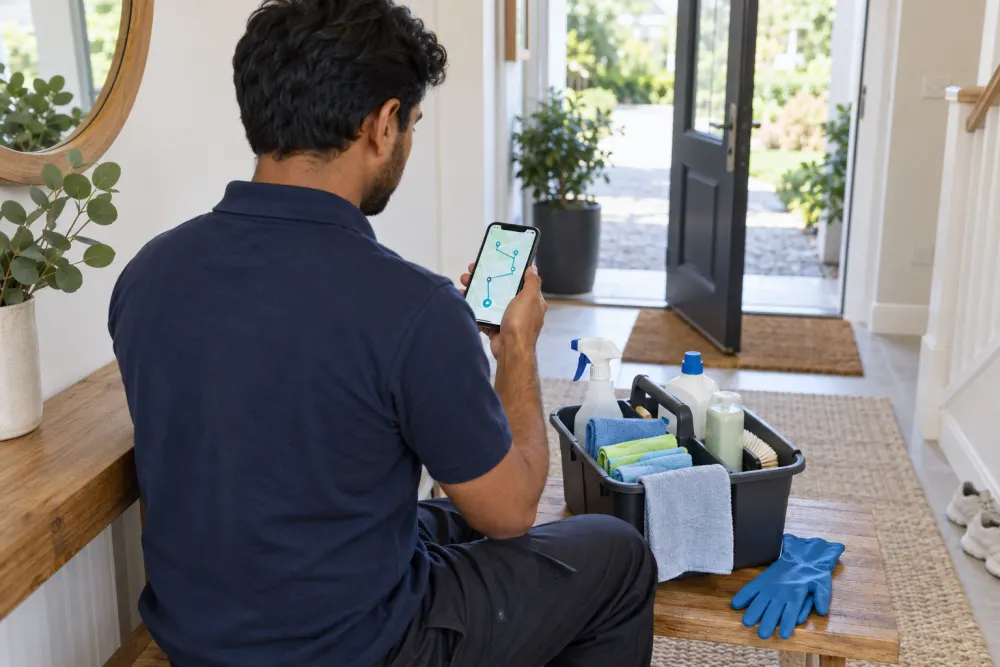 A cleaner checks a route on a phone beside a caddy of cleaning supplies