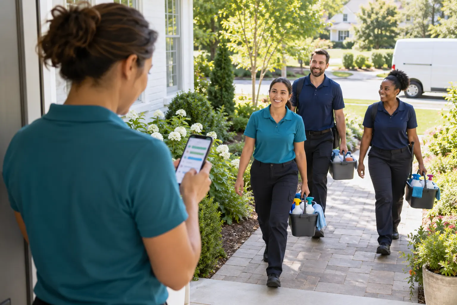 A cleaning crew arrives at a suburban home with supply caddies while the owner checks a phone