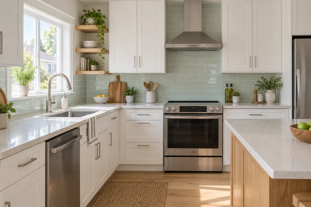 A freshly deep-cleaned kitchen with spotless counters, sink and appliances