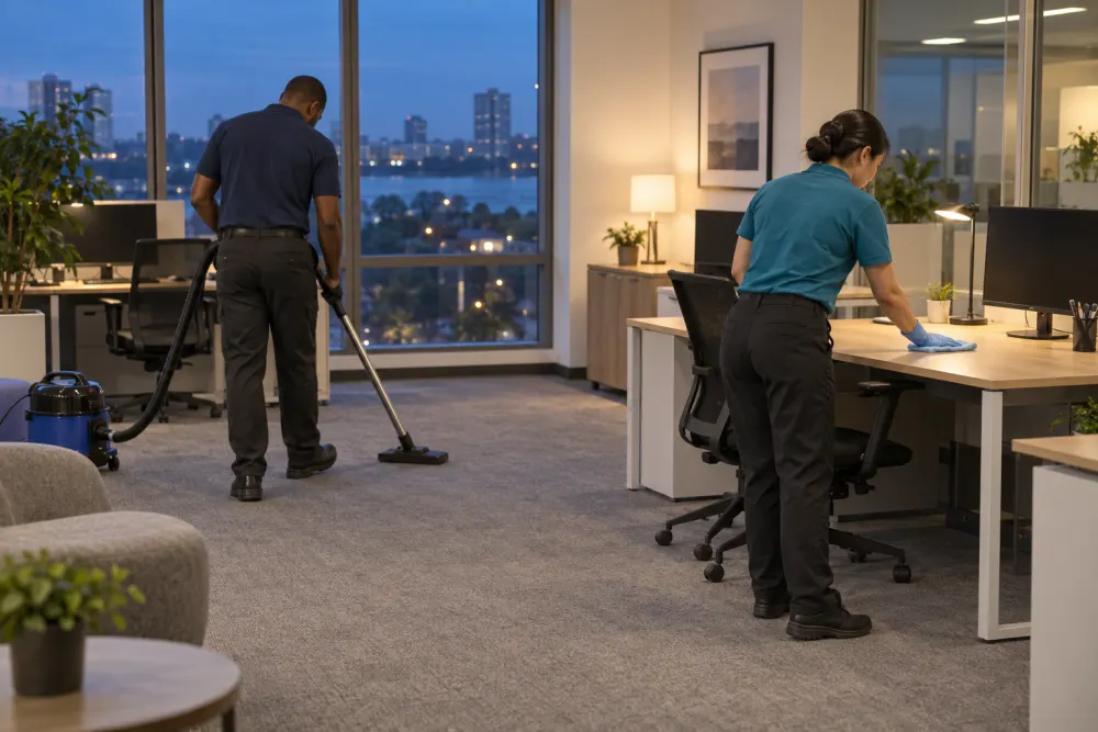 An evening office cleaning crew vacuums the carpet and wipes a desk