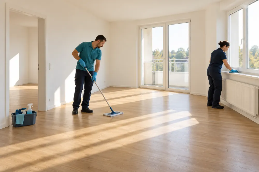 Two cleaners mop the floor and wipe a window sill in an empty apartment