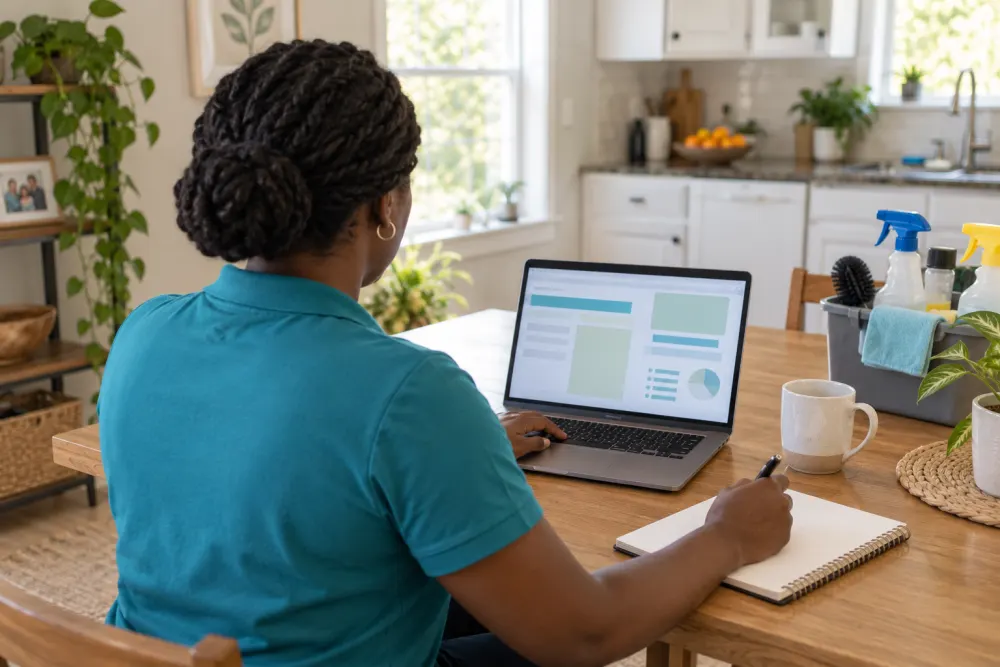 A cleaning business owner prepares a quote on a laptop at a kitchen table